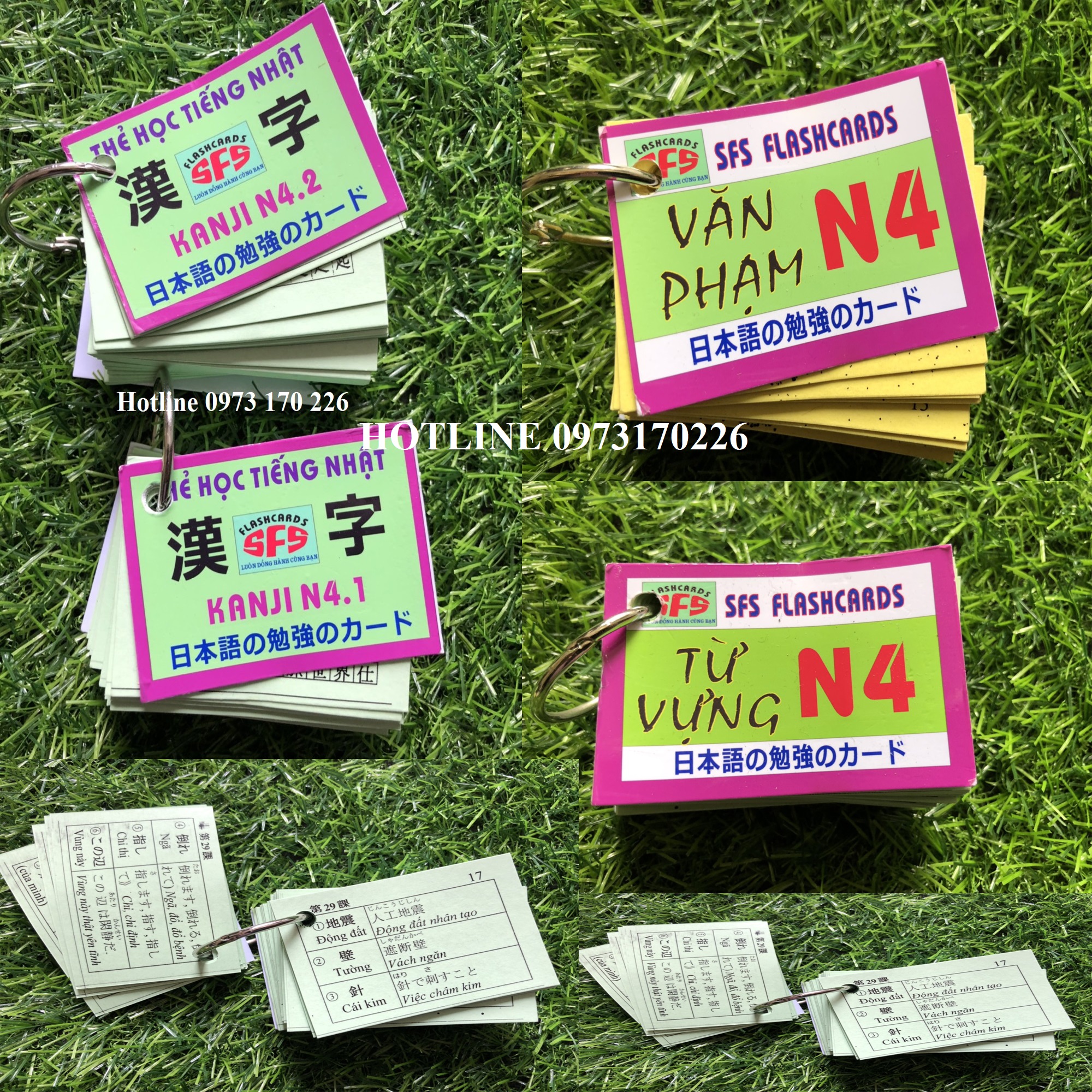 Thẻ học tiếng nhật N4 ( Kanji - Văn Phạm - Từ Vựng) - Trọn bộ 4 Xấp