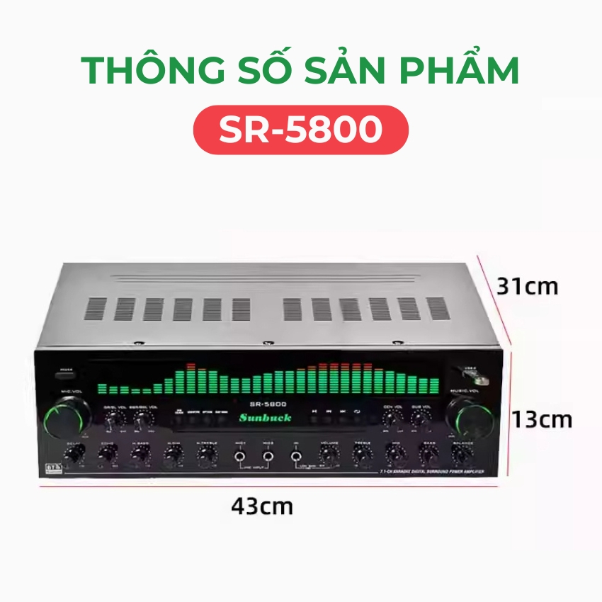  Amply Karaoke Bluetooth Sunbuck SR 5800 Công Suất Lớn 1000W 7 Kênh có điều khiển từ xa có thể kết nối loa sub 