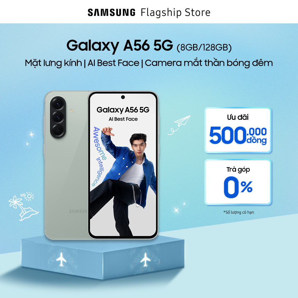 Điện thoại Samsung Galaxy A56 5G, Màn Hình FHD 6.7”, Mặt lưng kính, AI-Best Face, Camera giảm nhiễu ảnh chụp đêm, Sạc 45W