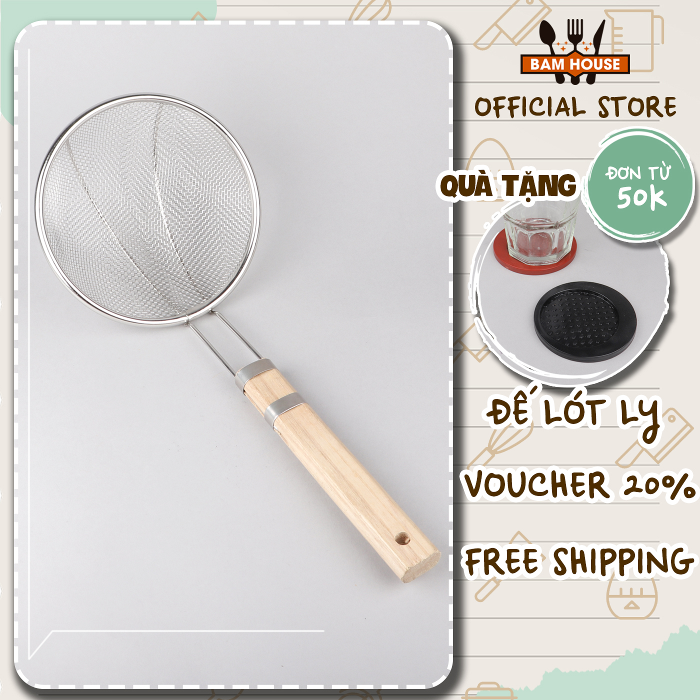 Vợt lưới vớt thức ăn inox Bam House cán gỗ đường kính 14cm cao cấp VCG01 - Gia dụng bếp