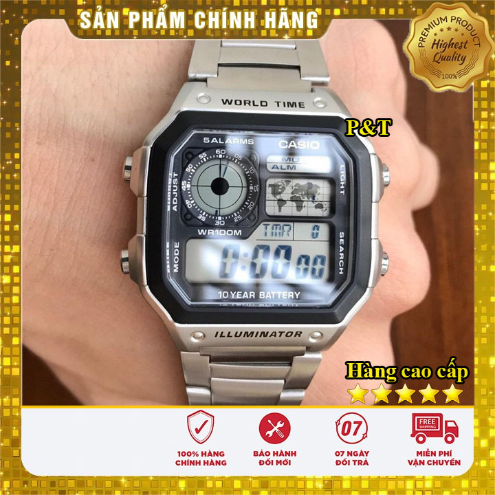Đồng hồ nam Casio AE 1200-WHD classic chống nước - Dây thép không gỉ - Đồng hồ P&T [ FreeShip- Hàng cao cấp- Full box ]