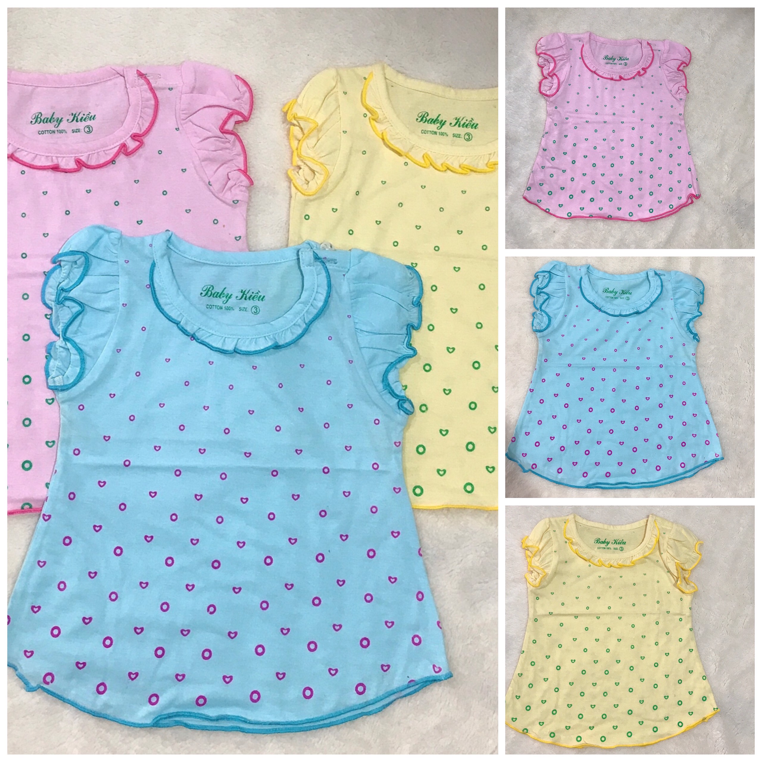 Combo 5 áo Tay Ngắn  bé gái thun 100% cotton họa tiết chấm bi  cho bé gái 3-12kg