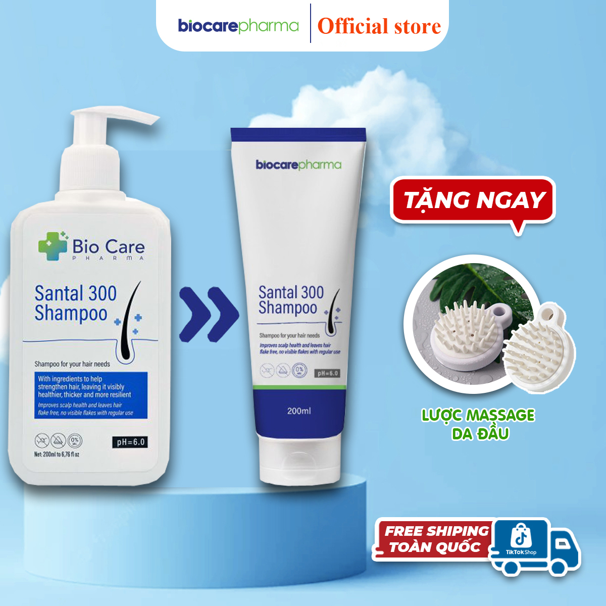 Dầu gội Biocare Pharma loại bỏ gàu ngứa nấm da đầu Santal 300 Shampoo thành phần dược liệu DẠNG TUÝP 200ml - Helena Cosmetics