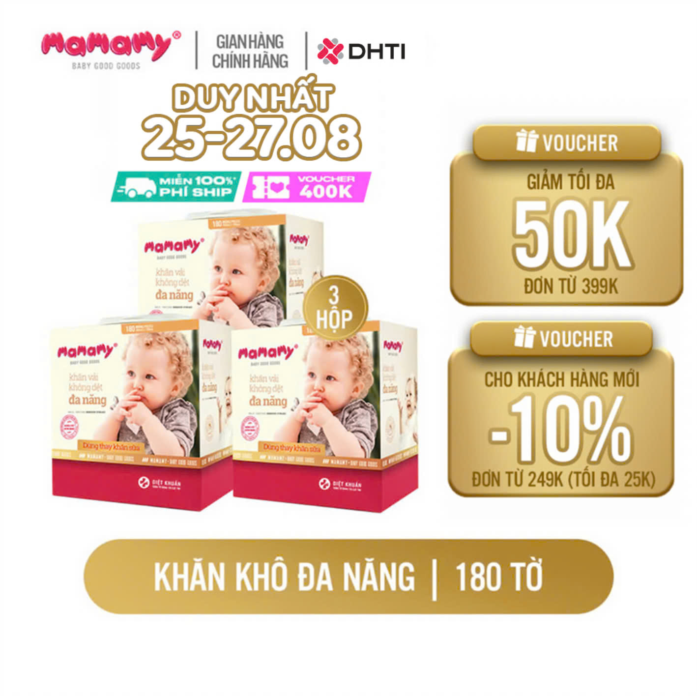 Khăn vải khô đa năng Mamamy cao cấp combo 3 hộp dùng thay khăn sữa, an toàn cho bé 180 tờ/hộp