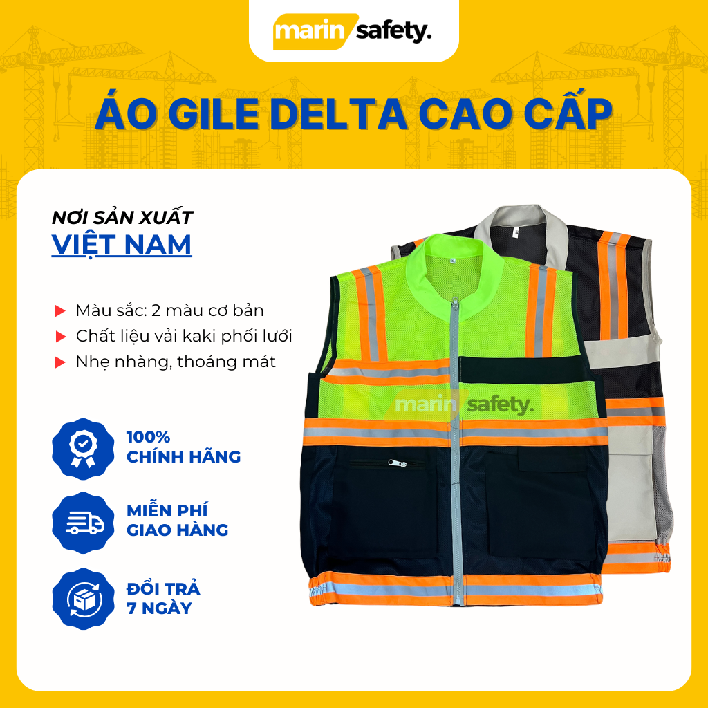 Áo gile bảo hộ lao động phối màu, có dải phản quang dành cho công nhân, kỹ sư nhà máy, công trình xây dựng