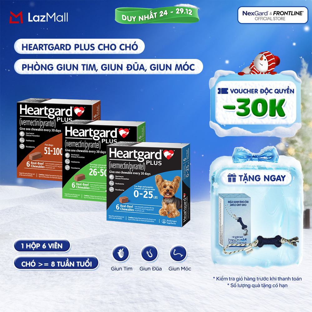  HeartGard Plus - Viên nhai xổ giun đũa giun móc giun tim dành cho chó từ dưới 11.5-45kg - 1 hộp 6 viên 