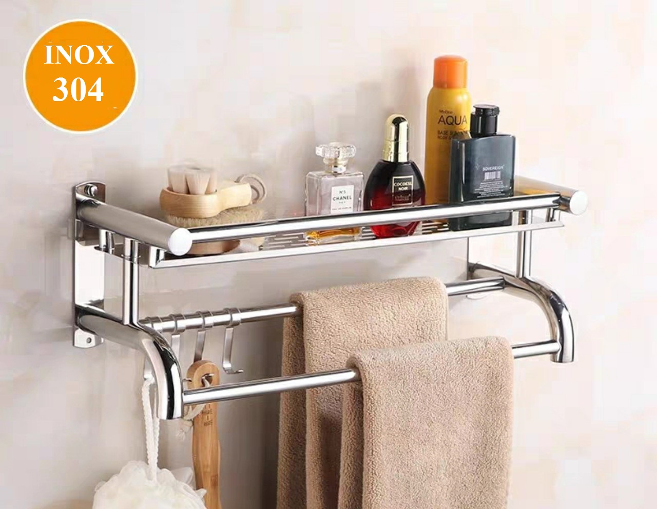 Kệ Treo kKhăn Nhà Tắm INOX 304, Giá vắt khăn phòng tắm lắp đặt dán tường gạch men hoặc khoan vít nở - K301