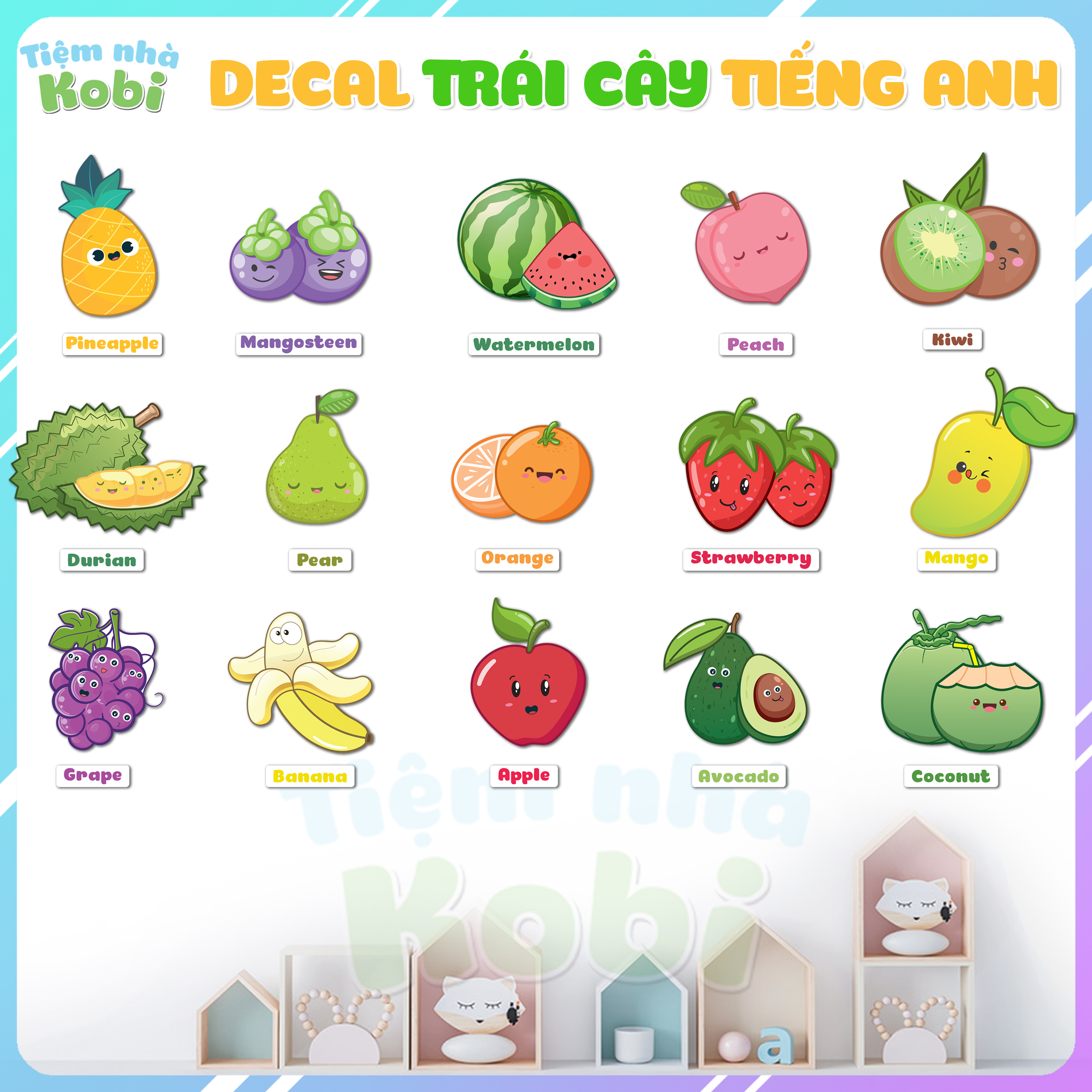 Decal trái cây tiếng anh dán tường - dán tường cho bé học tập