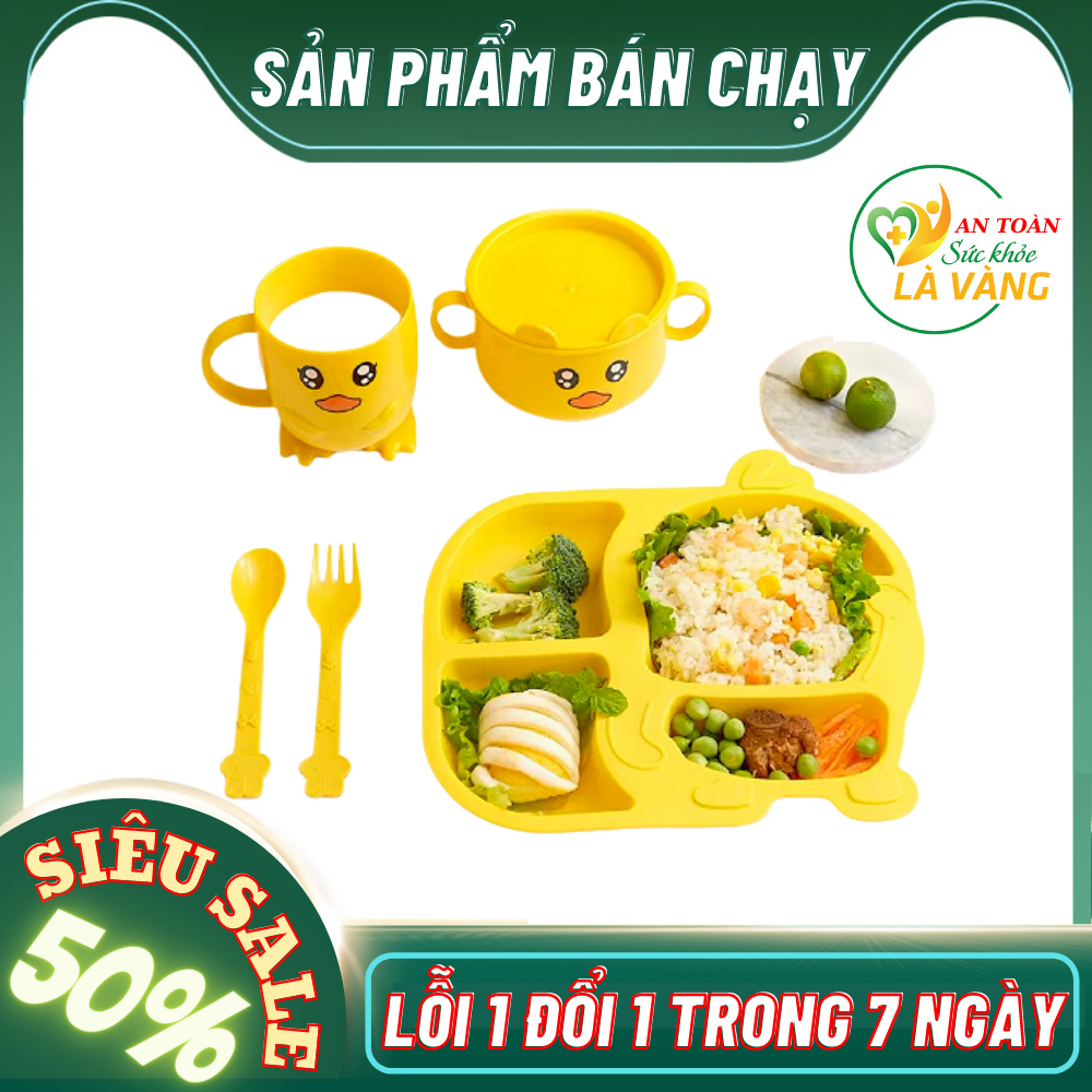 Khay Ăn Dặm Cho Bé Hình Vịt Vàng Kèm Cốc Bát Thìa Dĩa Đũa Dụng Cụ Ăn Dặm Cho Bé