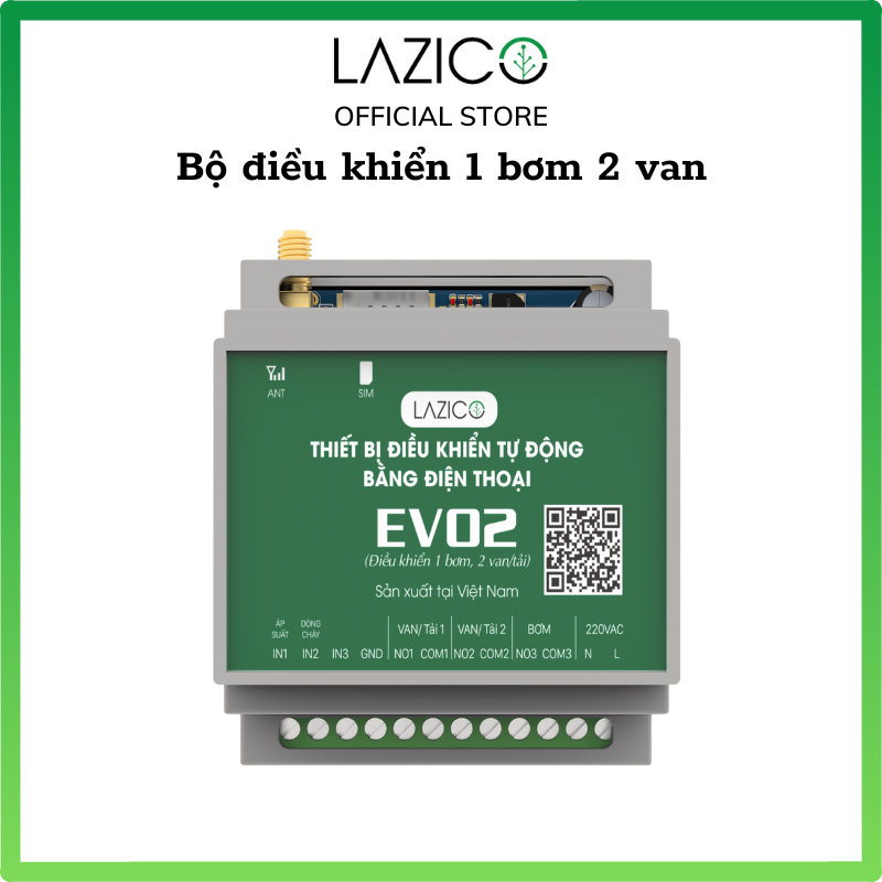 Bộ điều khiển từ xa 1 bơm chia 2 van điện từ 24VDC, điều khiển tưới tự động qua điện thoại dùng app Smartphone LAZICO EV02