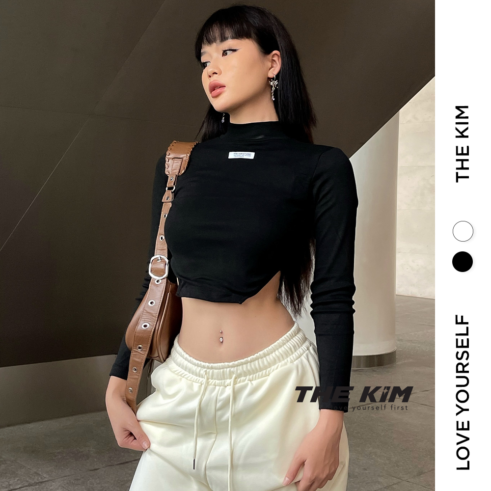 TheKim A160 Áo croptop dài tay cổ tròn gấu áo khoét V , thun tăm trơn basic cho nữ ôm sát body