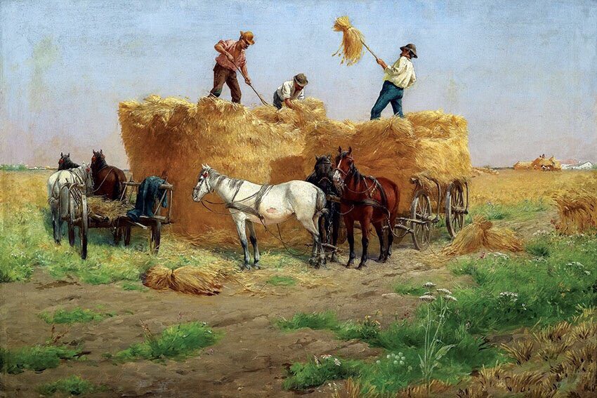 Tranh làng quê thu hoạch rơm trên cánh đồng làng mùa gặt lúa kèm khung tranh