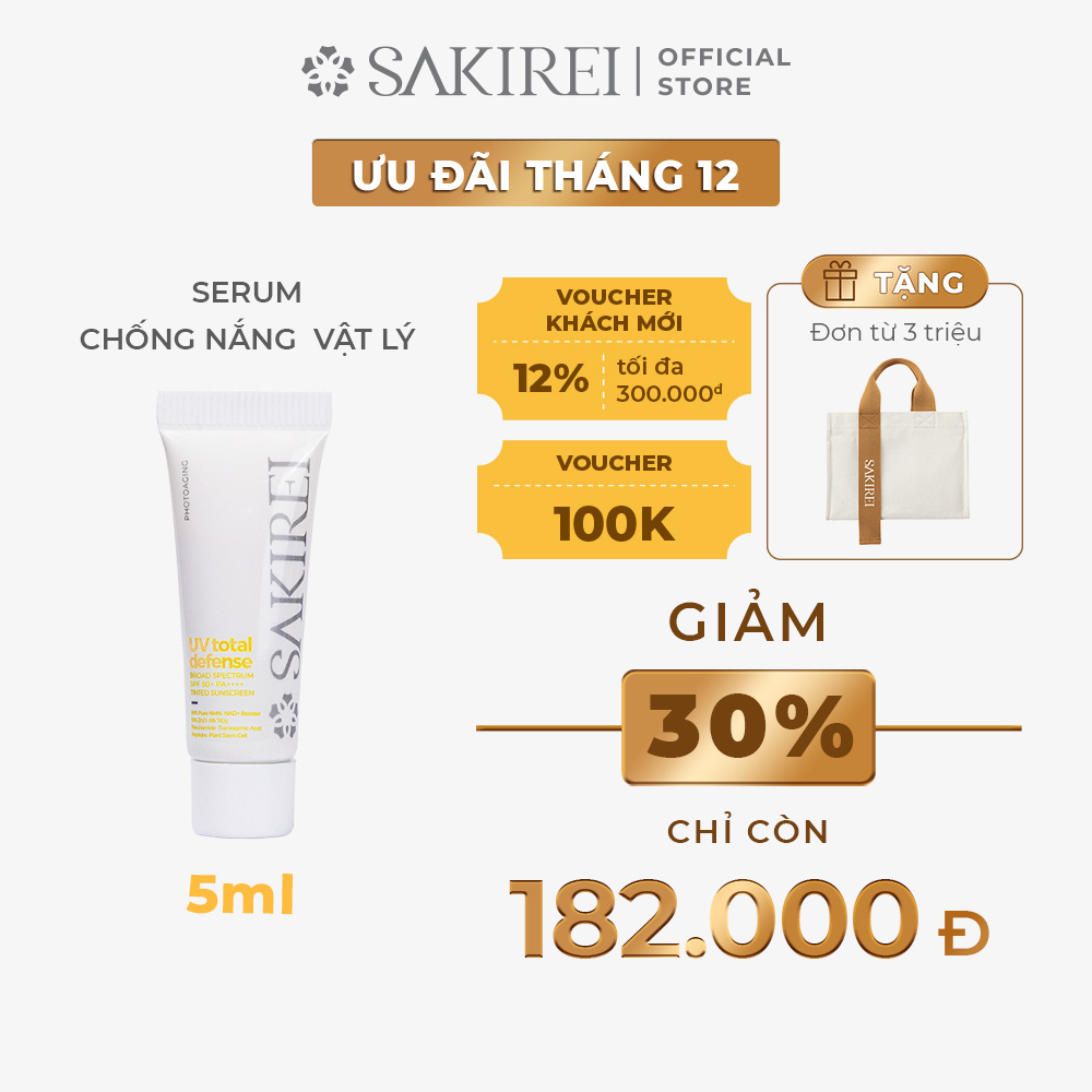 Serum chống nắng vật lý Sakirei UV Total Defense Broad Spectrum SPF 50+ PA++++ Tinted Sunscreen 5ml