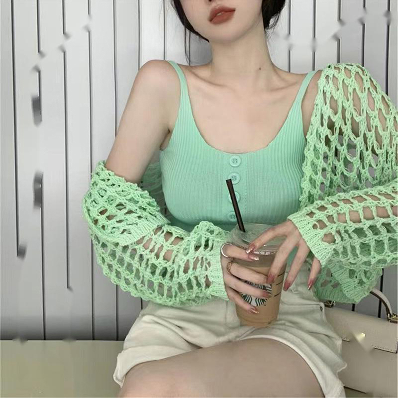 Null Y2K Áo dệt kim mùa hè Áo Khoác Cardigan dáng rộng lưới cut-out áo màu Trơn Áo ba lỗ ngắn