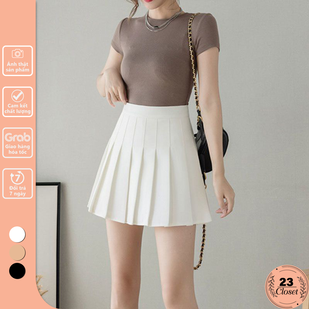 Chân váy chữ a ngắn tennis xếp ly lưng cao cá tính trắng đen ulzzang cạp cao cao cấp hàng quảng châu 23Closet