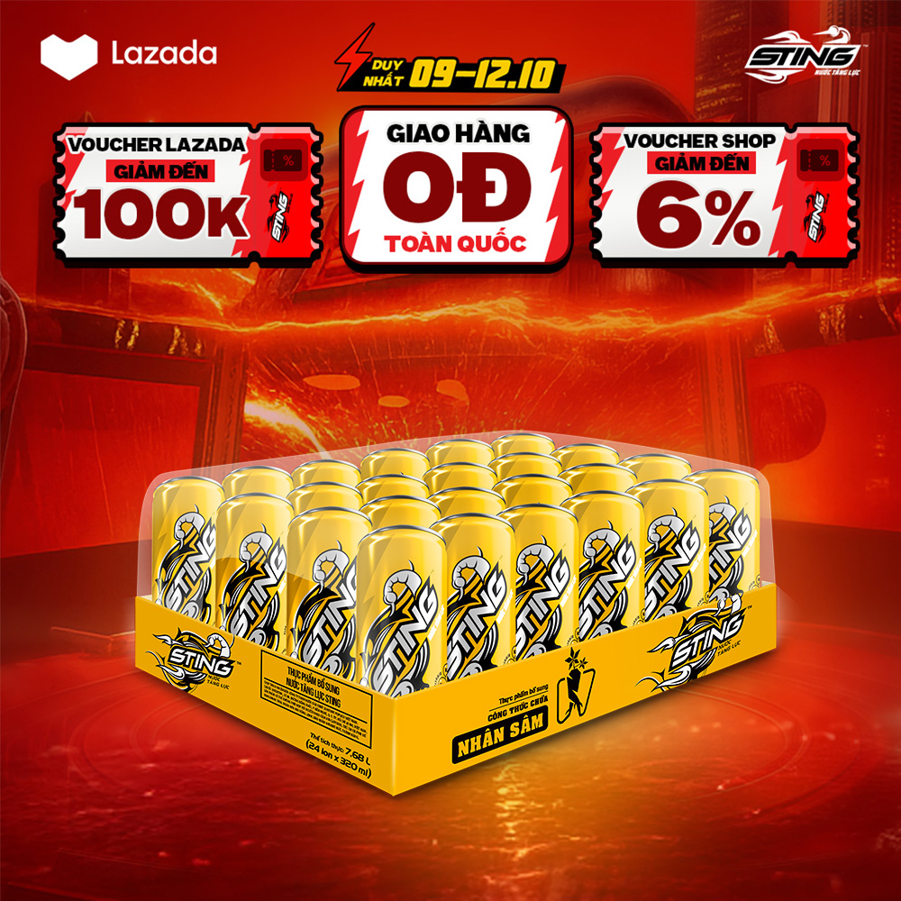 [SALE 10.10-VC ĐẾN 12%] Thùng 24 Lon Nước Tăng Lực Sting Vàng (320ml/lon)