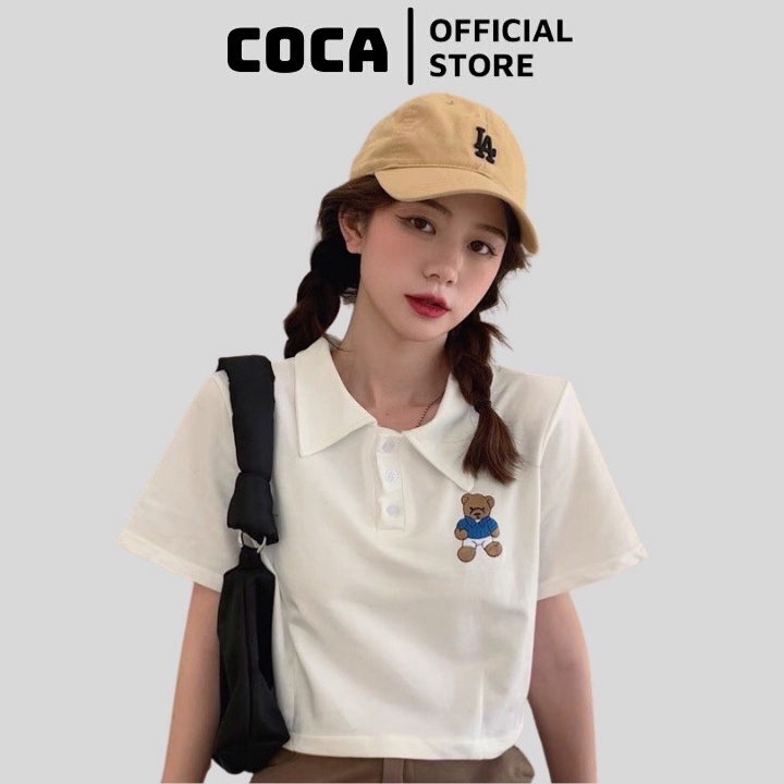 Áo croptop cộc tay dưới 55kg cocastore - áo polo thêu hình con gấu