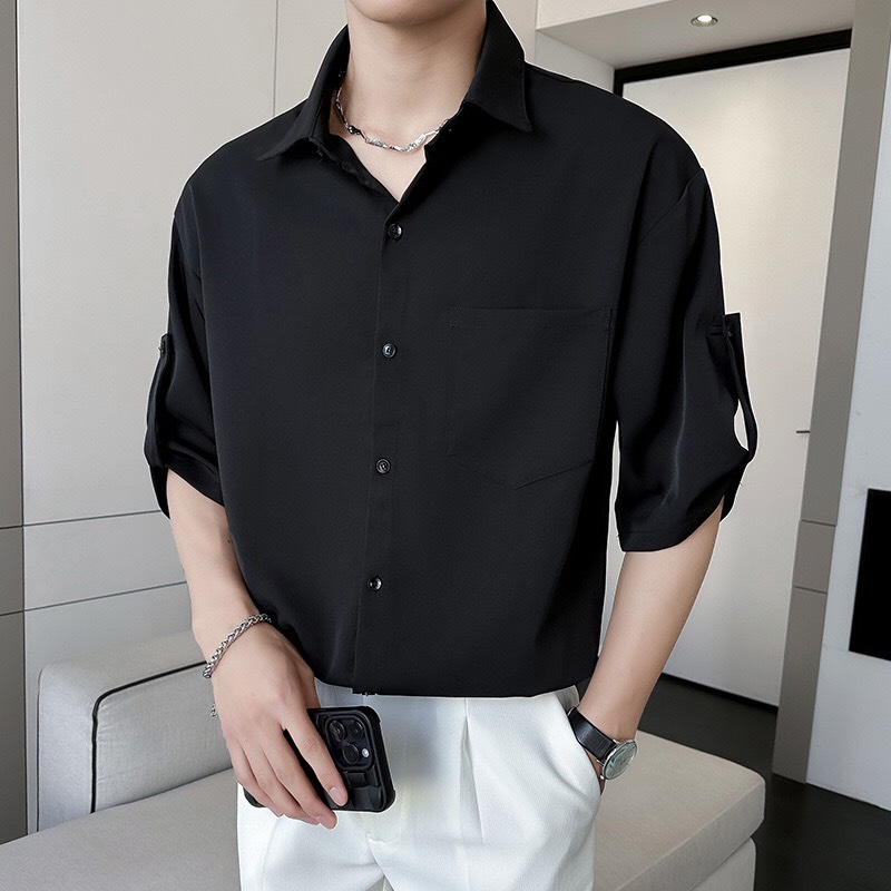 Áo sơ mi nam tay lỡ form rộng Hàn Quốc FR99 có túi phối dây tay áo thời trang Unisex cao cấp