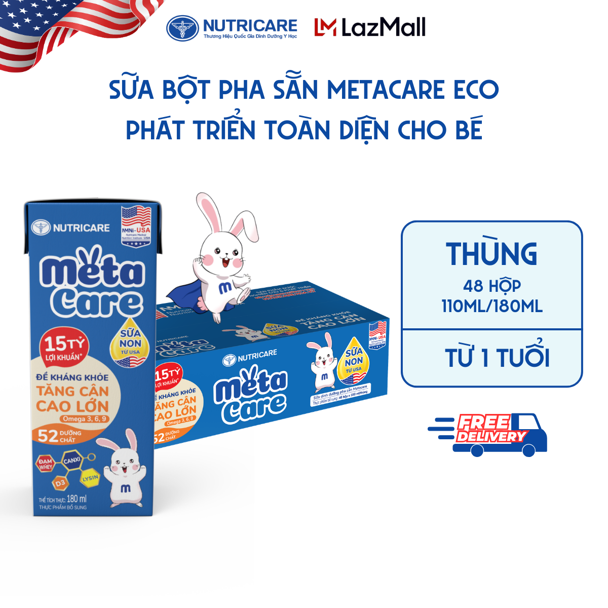 Box of 48 Boxes of Ready-To-Drink Powdered Milk Metacare Eco Nutricare Increases Weight, Height, Increases Immunity from 1 Year Old with 24H Colostrum