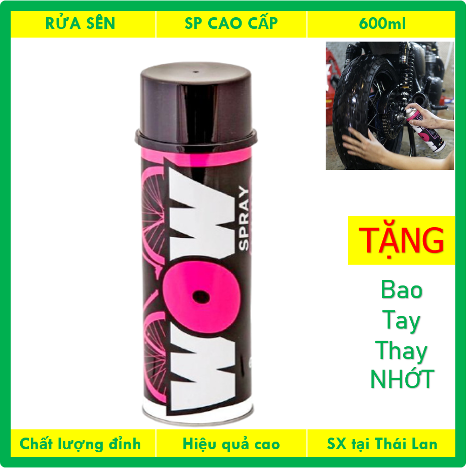 (Tặng chổi trà sên) Rửa sên WOW Spray 600ml. Rửa sên không chạm, siêu mạnh, cực sạch. làm sạch mạt sắt, bụi bẩn, cặn nhớt lâu ngày.  Sản xuất tại Thái Lan.