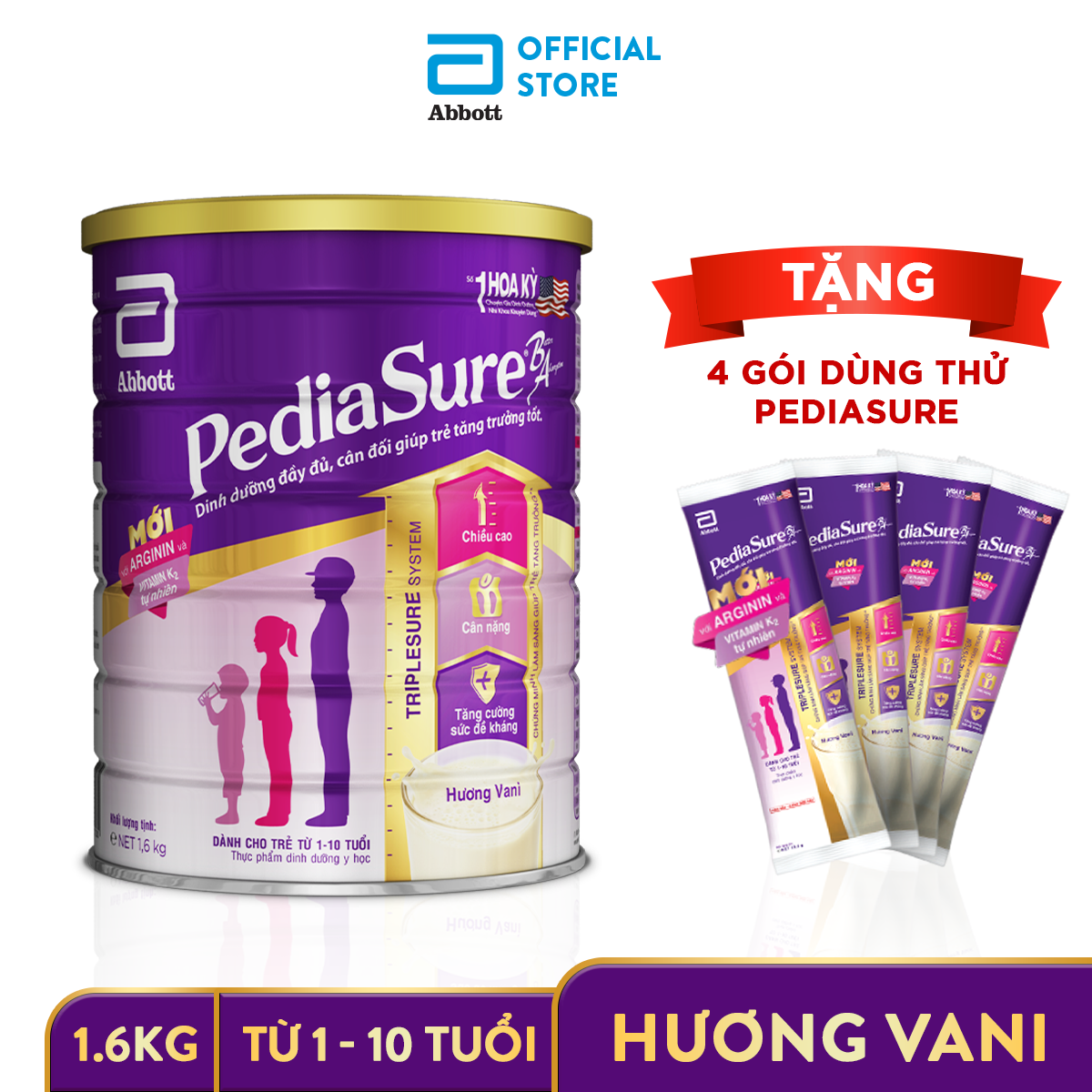 Lon sữa bột Pediasure B/A hương vani 1.6kg Tặng 4 Gói Sachet Pediasure