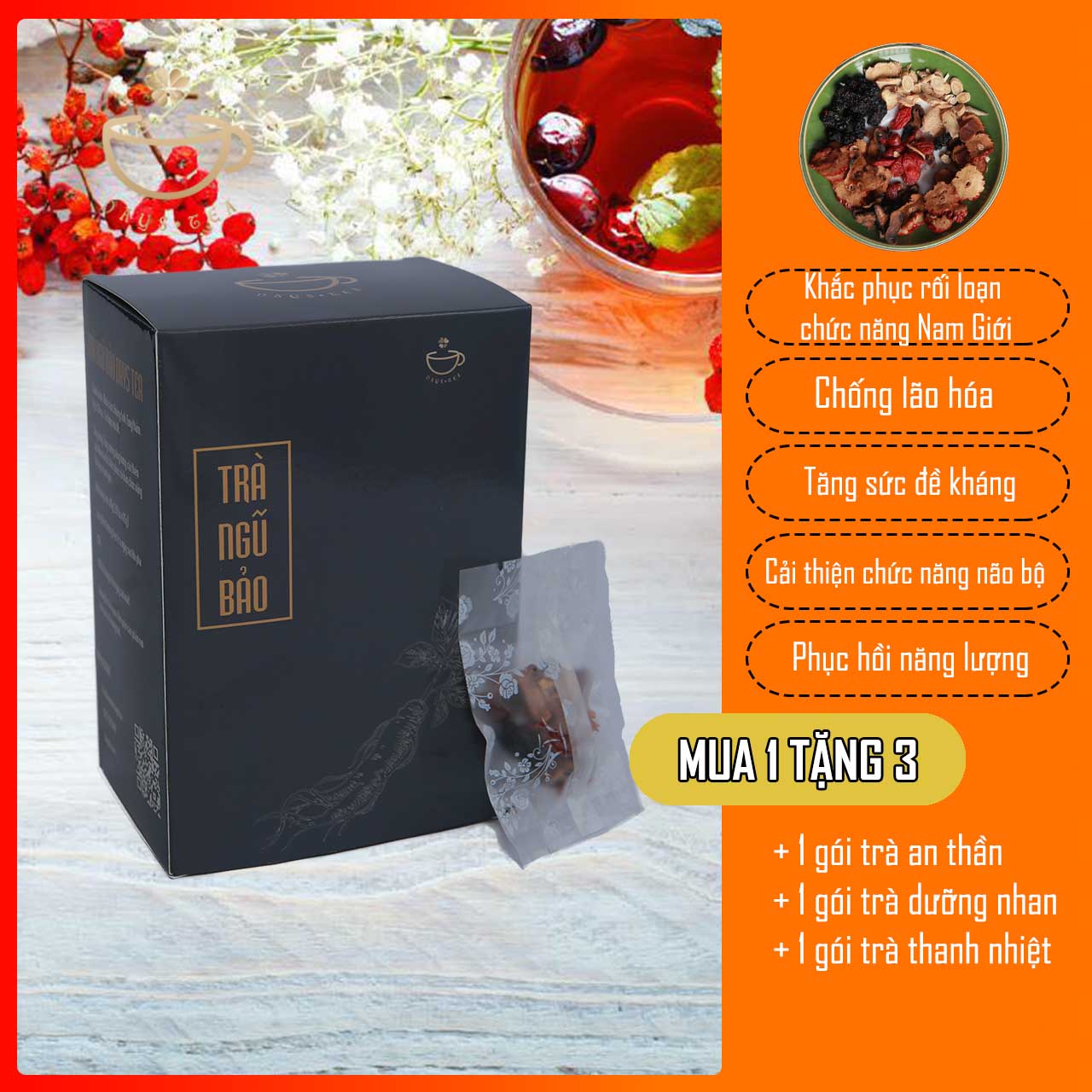 Trà Nhân Sâm Ngũ Bảo hộp 20 gói - Bổ Thận, duy trì tuổi thanh xuân