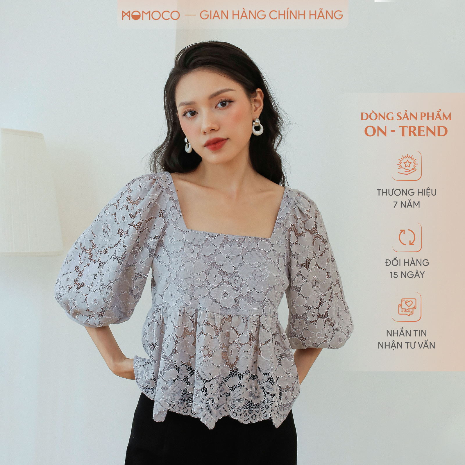 Áo Cổ Vuông Tay Bồng MOMOCO M2667 Chất Vải Ren Mềm Mại Thiết Kế Dáng Áo Babydoll Tay Lỡ Bồng To Họa Tiết Ren Hoa