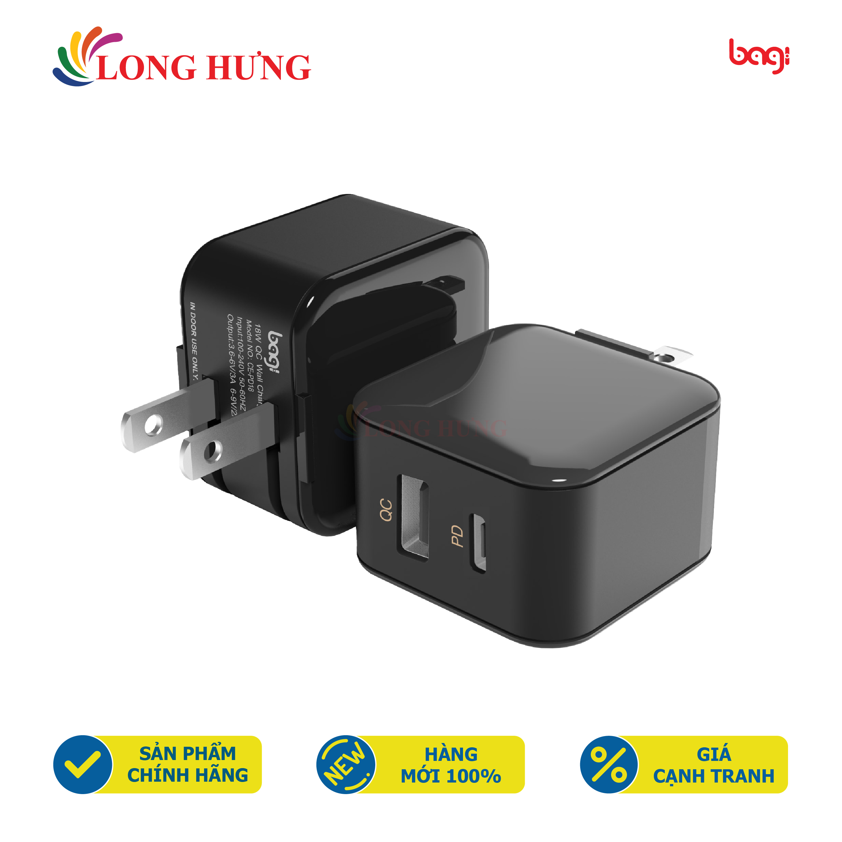 Cốc sạc Bagi 1USB 1Type-C 18W CE-PD18 - Hàng chính hãng - 2 cổng ra Type-C và USB tiện lợi Sạc nhanh 18W Tuổi thọ cực cao