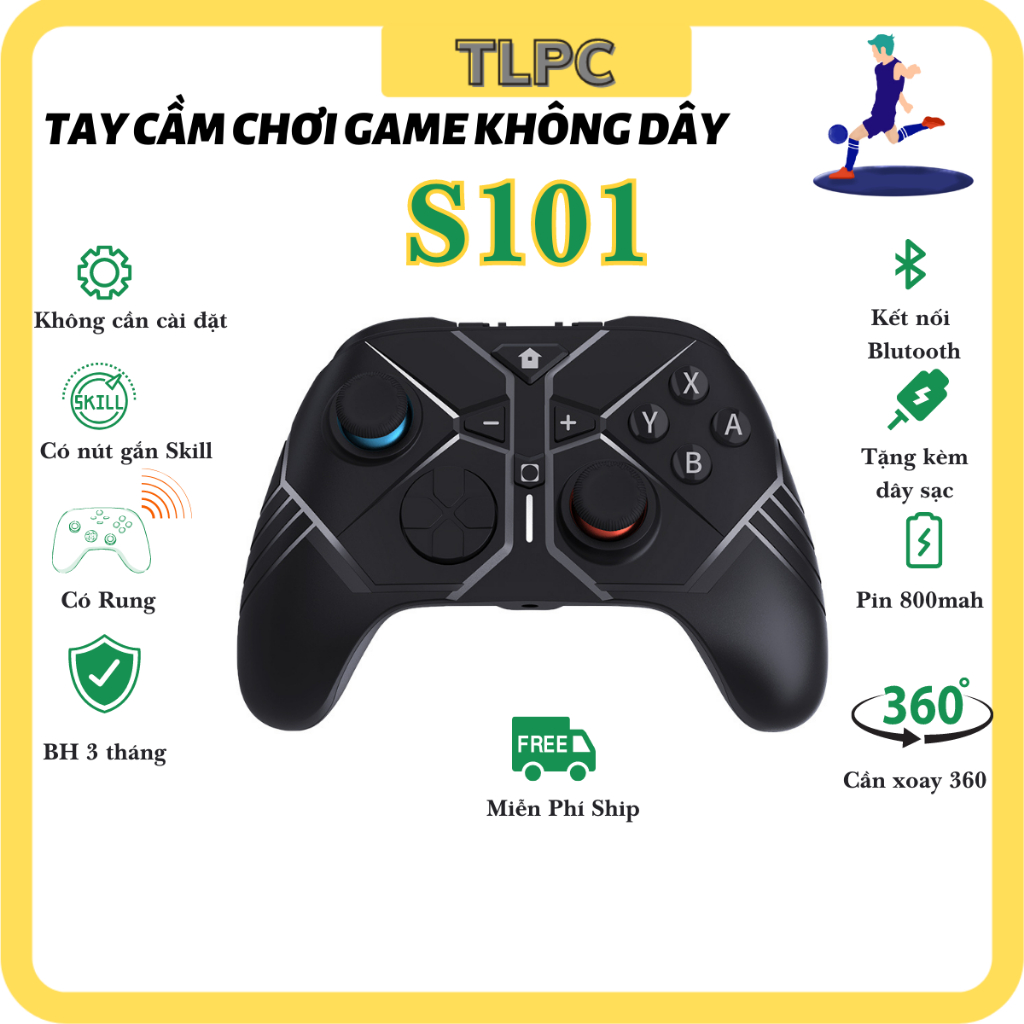 Tay Cầm Chơi Game không dây blutooth chơi fifa online 4 TS101 cần analog xoay 360 Dùng cho PC,Laptop, ĐT, full Skill - không cần phải cài DS4 cắm vào là sử dụng luôn