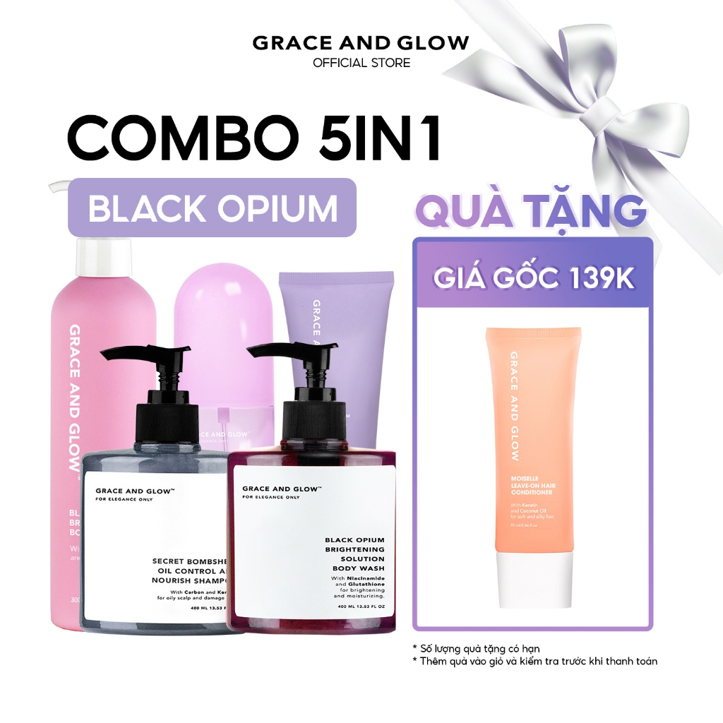 Combo 5in1 Grace and Glow Sữa tắm, dầu gội, sữa dưỡng thể, xịt tóc, lăn khử mùi Black Opium