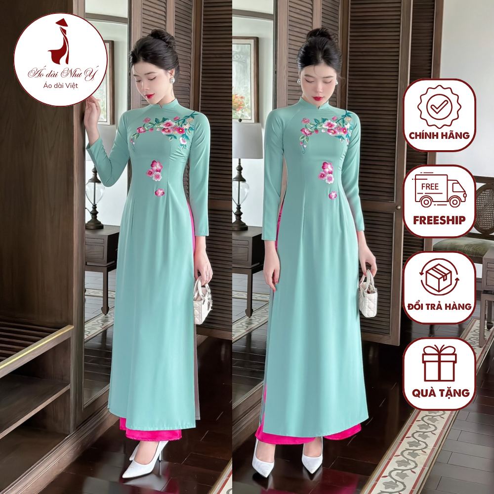 Áo dài truyền thống ❤️free ship❤️chất liệu lụa mỹ loại 1 cao cấp thêu hoa - áo dài như ý - ad44
