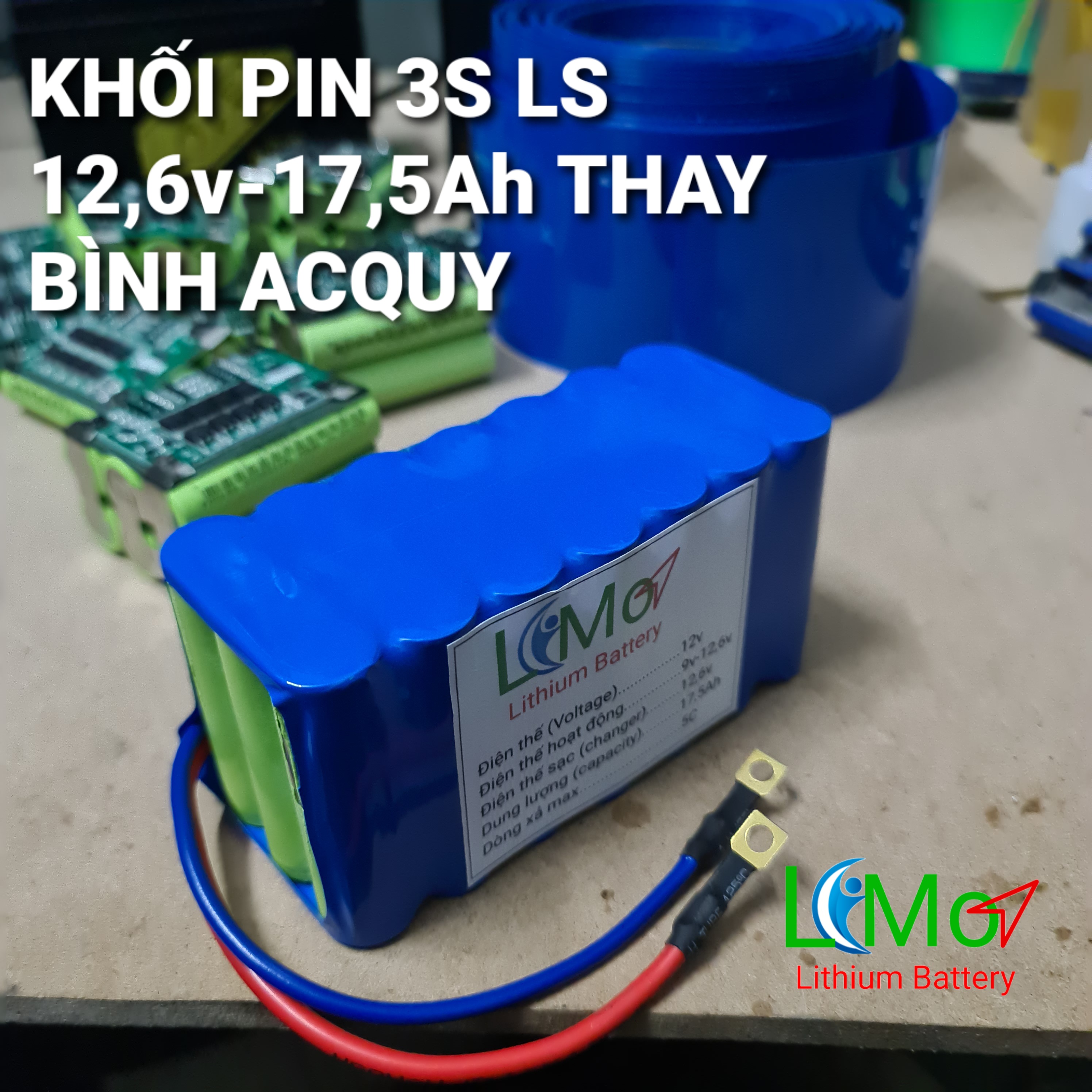 Khối pin Lithium 12,6v - 17,5Ah (Gọn nhẹ, Dòng xả cao thay thế bình acquy). Pin LiShen mới, dòng xả cao. Gồm 21 Cell Pin sạc 18650 Lishen 2600mAh nối 3S + sử dụng Mạch bảo vệ SẠC XẢ 3s 50A. Bình acquy Lithium 12,6v 17.5A - LiMo