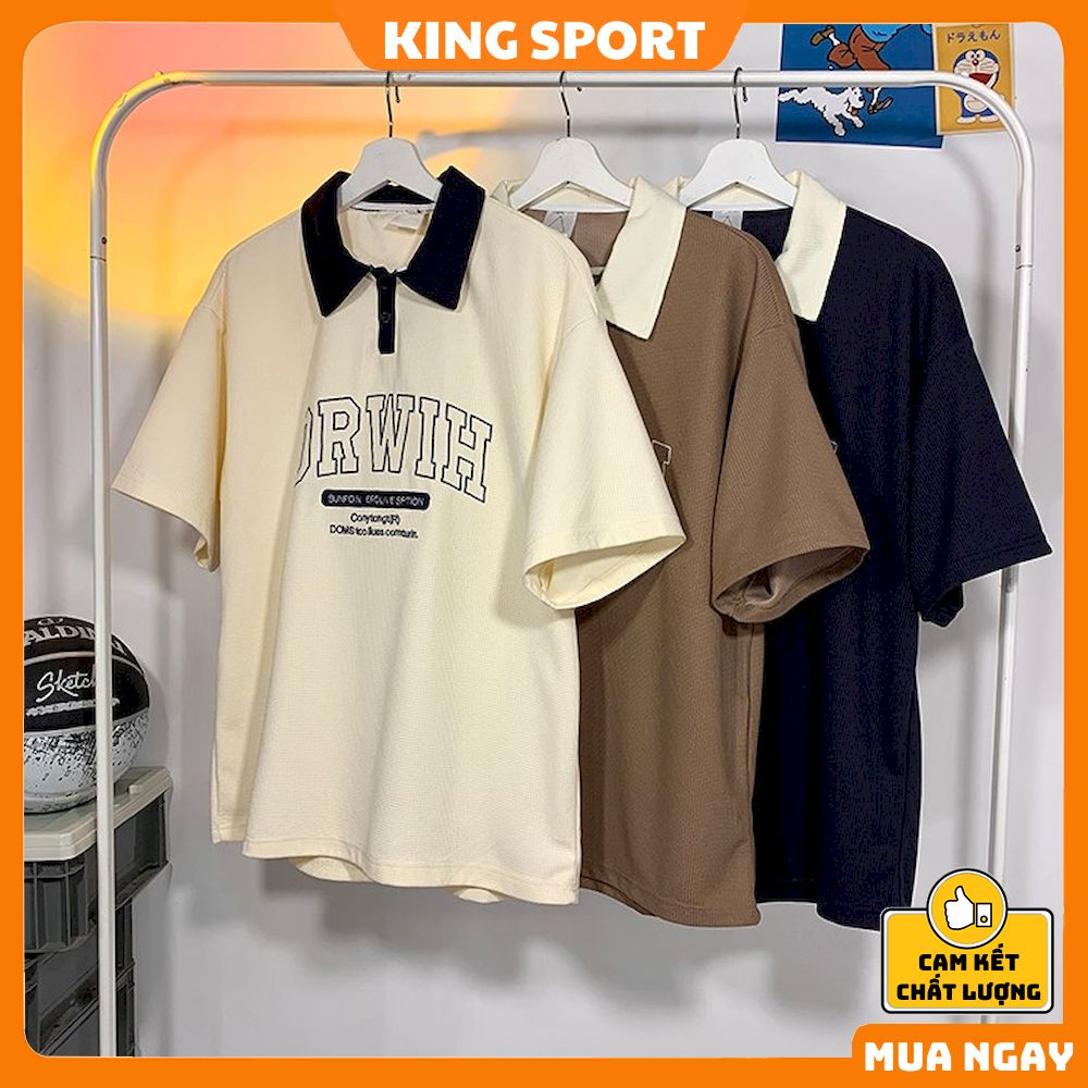 Áo thun có cổ nam nữ polo oversize form rộng tay lỡ KING SPORT Áo phông cổ bẻ thêu DRWIH chất cotton tổ ong đi học AT015