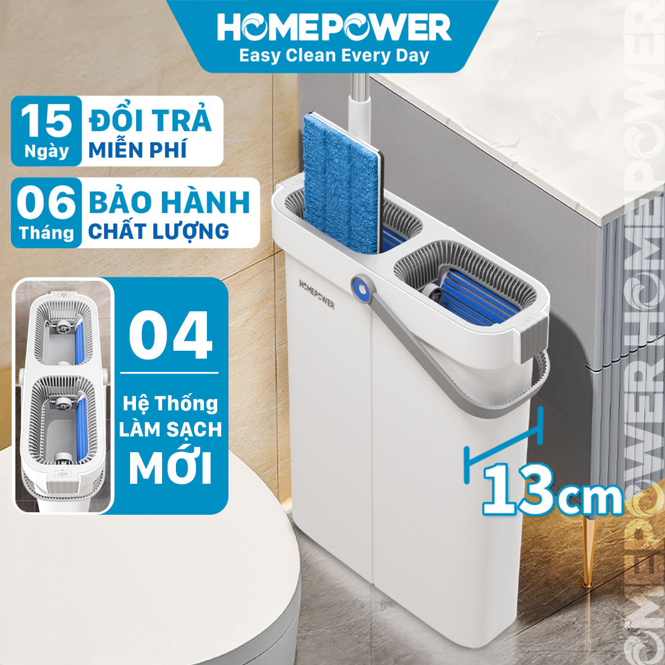 Bộ Cây Lau nhà Tự Vắt Homepower BS-03, Chổi Lau Nhà 360 Độ Siêu Mỏng 4 Hệ Thống Làm Sạch Mới