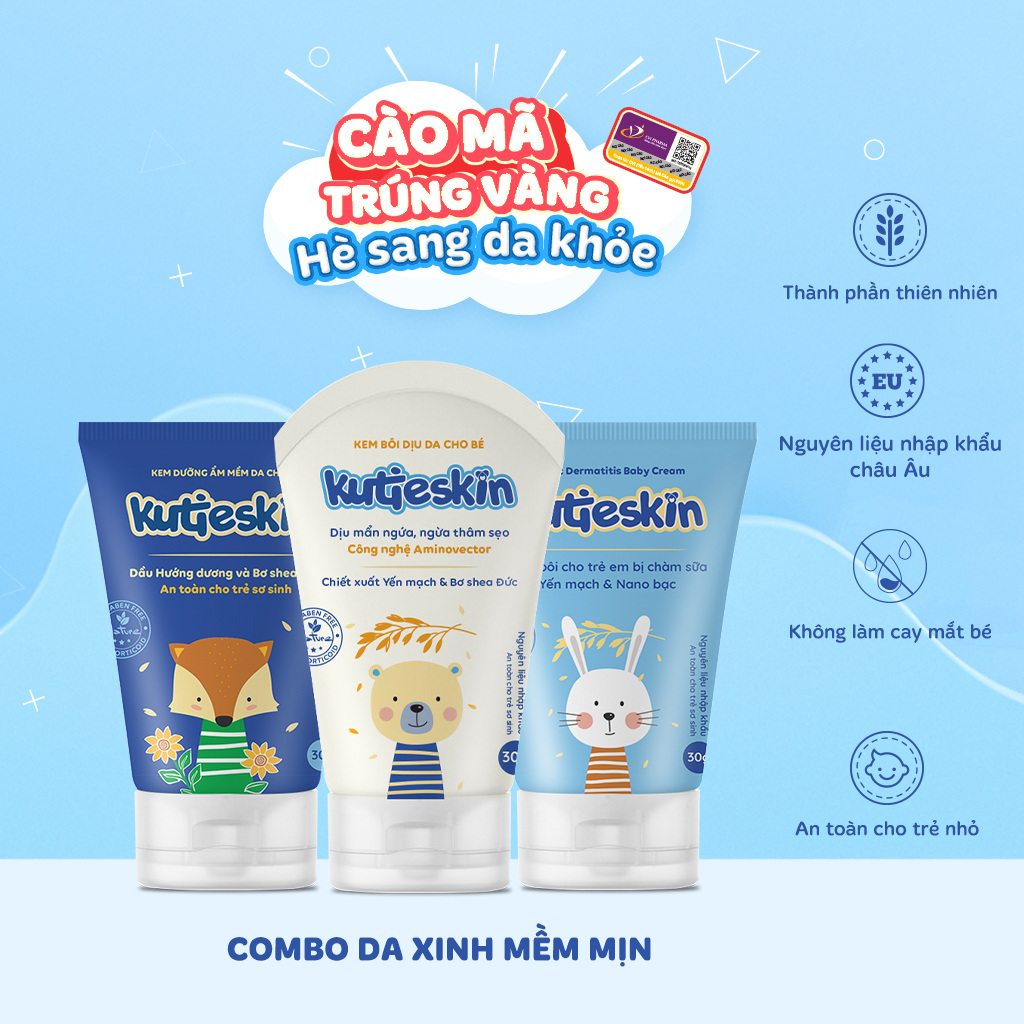 Bộ 3 sản phẩm kem bôi Kutieskin - Chàm sữa - Mẩn ngứa - Dưỡng ẩm lành tính cho da em bé không chứa C