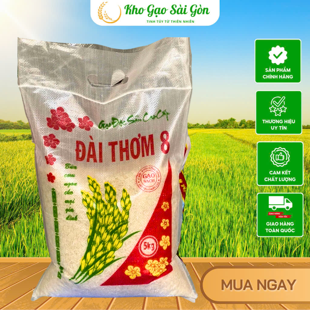 Gạo Đài Thơm 8 Túi 5kg Vị Thơm Ngon, Hạt Gạo Thon Dài Dẻo Mềm, Thơm Nhiều