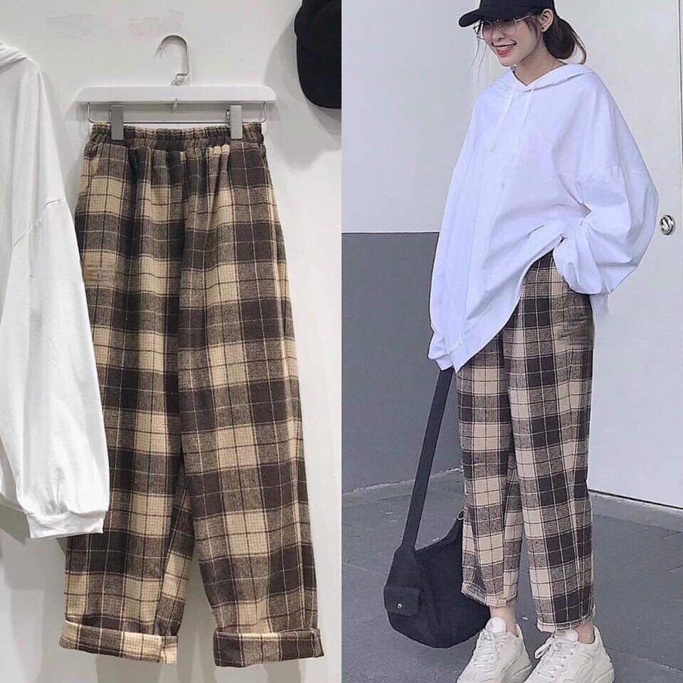 Quần kẻ sọc caro dáng suông 🌸 quần ống rộng kẻ caro phong cách hàn quốc