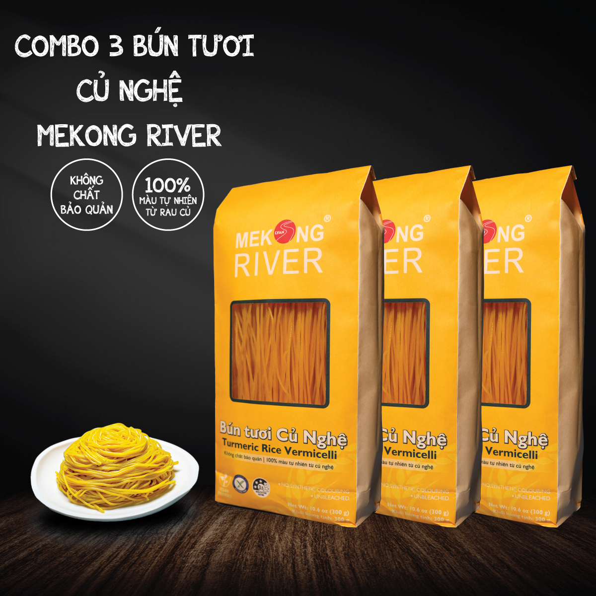 Combo 3 túi Bún Nghệ MeKong River thích hợp eatclean giảm cân, ăn healthy