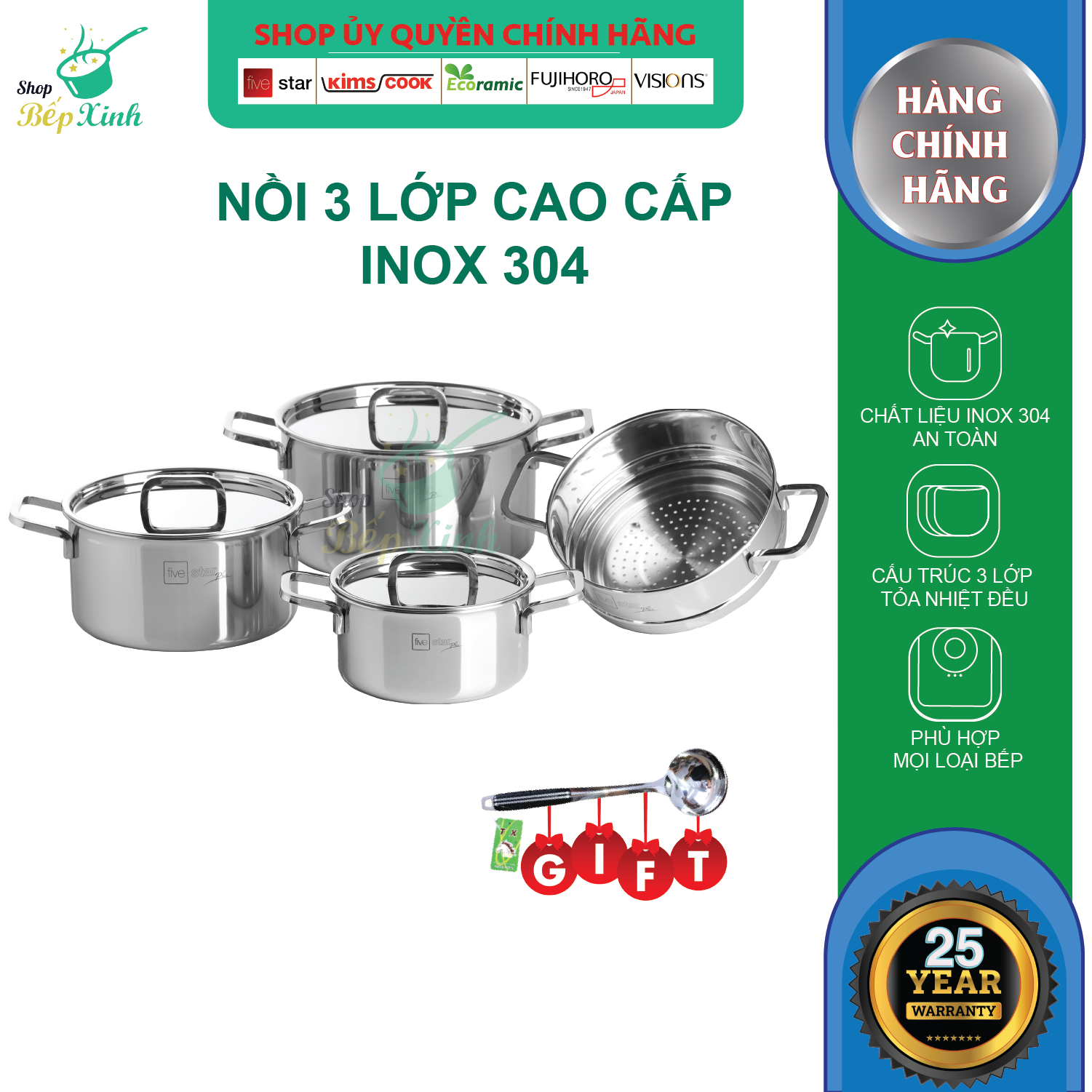 Bộ nồi 3 lớp đáy liền inox 304 cao cấp Fivestar Plus 4 món nắp inox ,  dùng được bếp từ , gas , hồng ngoại , tặng 1 vá canh
