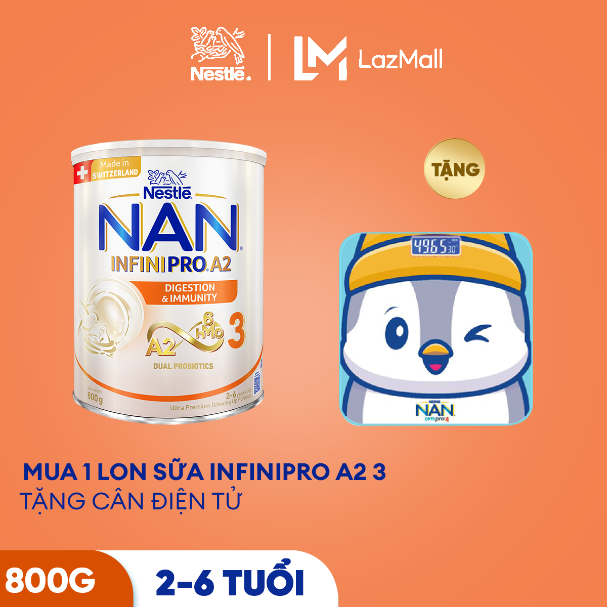 [Tặng cân điện tử ] Sữa bột Nestlé NAN INFINIPRO A2 bước 3 800g cho bé 2 - 6 tuổi nhập khẩu Thụy Sĩ chứa đạm quý A2