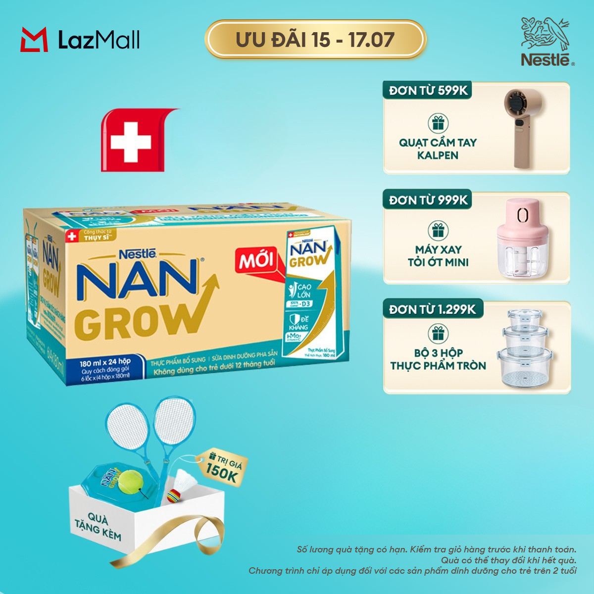 [CHỈ 15-17.07 QT ĐƠN 599K/999K/1299K][Tặng Đồ chơi cầu lông] Thùng 24 hộp Sữa bột pha sẵn Nestlé NANGROW 180ml cho bé trên 1 tuổi - Sữa nước vị nhạt thanh