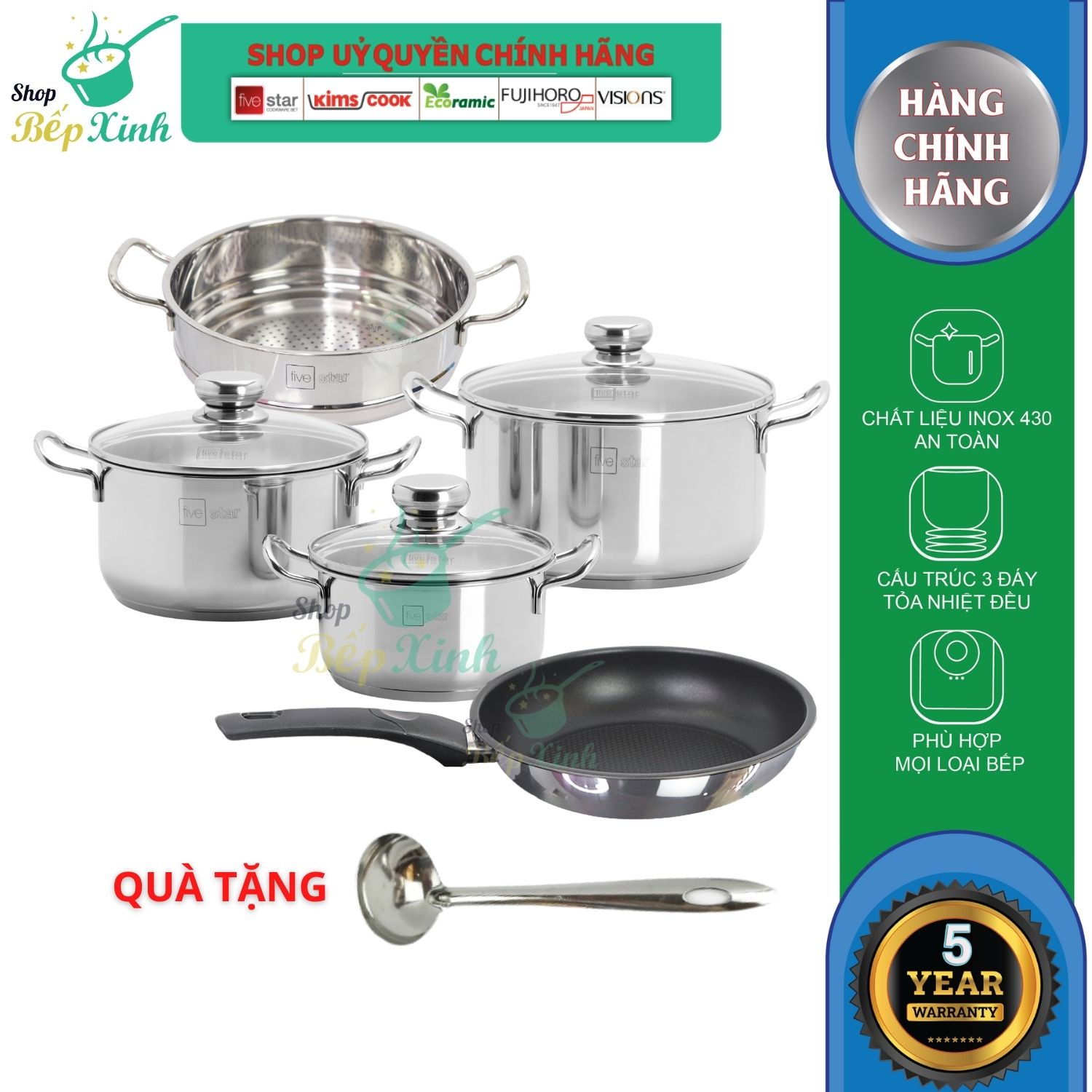 Bộ nồi chảo bếp từ cao cấp Fivestar 5 chiếc nắp kính , inox 430, dùng được mọi bếp