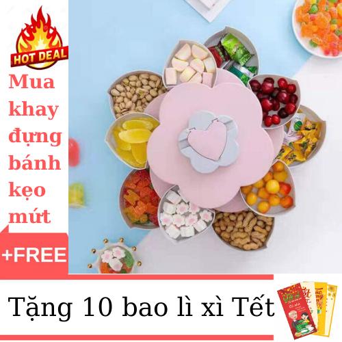 Khay Đựng Bánh Mứt Kẹo 2 Tầng 10 Cánh Siêu Tiện Dụng + Tặng Kèm 10 Phong Bao Lì Xì