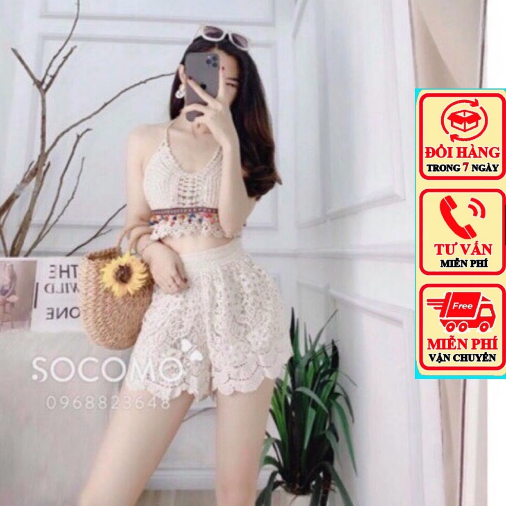 Bộ đi biển len móc 3 món có bán rời sexy set ren bikini đi biển b6507