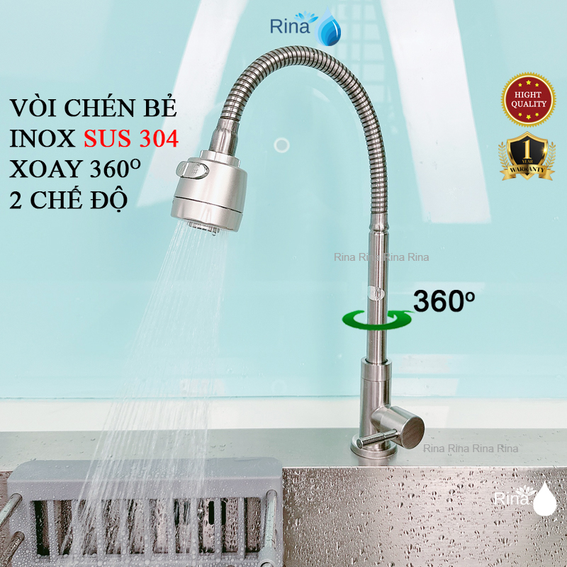 HÀNG XỊN 304 Vòi nước rửa chén bát lạnh đúng inox sus 304 xịn vĩnh viễn không han gỉ ống xoay 360 kết hợp 2 chế độ nước tiện lợi Rina RN6032X