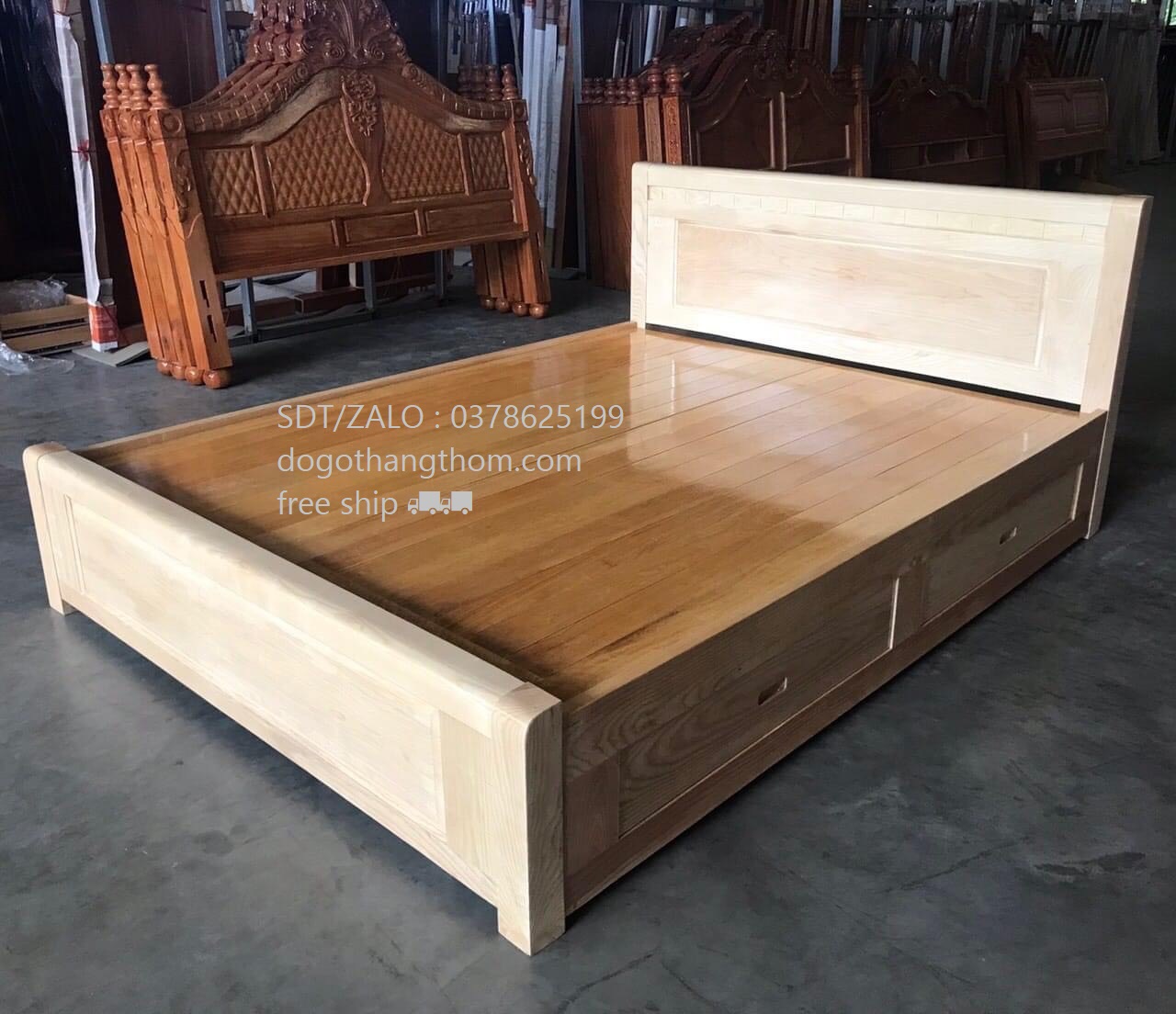 giường ngủ gỗ sồi nga có ngăn kéo giường phòng ngủ có hộc gỗ sồi 1m8x2m