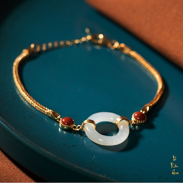 VT047 Vòng tay ngọc bích trắng mã não nam hồng dây bạc mạ vàng phong cách cổ điển trang nhã