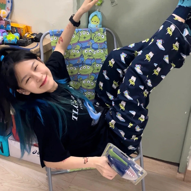 Quần ngủ nữ, quần dài ống rộng màu xanh than