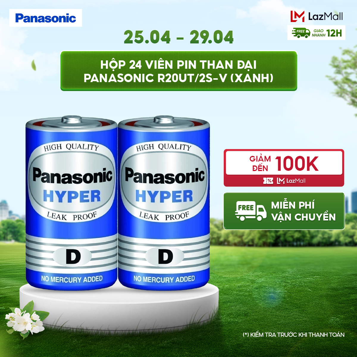Hộp 24 viên Pin Than Đại Panasonic R20UT/2S-V (Xanh) - Hàng Chính Hãng