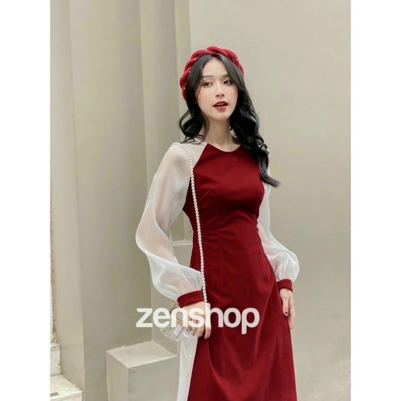 Sét áo dài cổ tròn tay voan dài kèm quần ống rộng siêu xinh phù hợp cho chị em du xuân